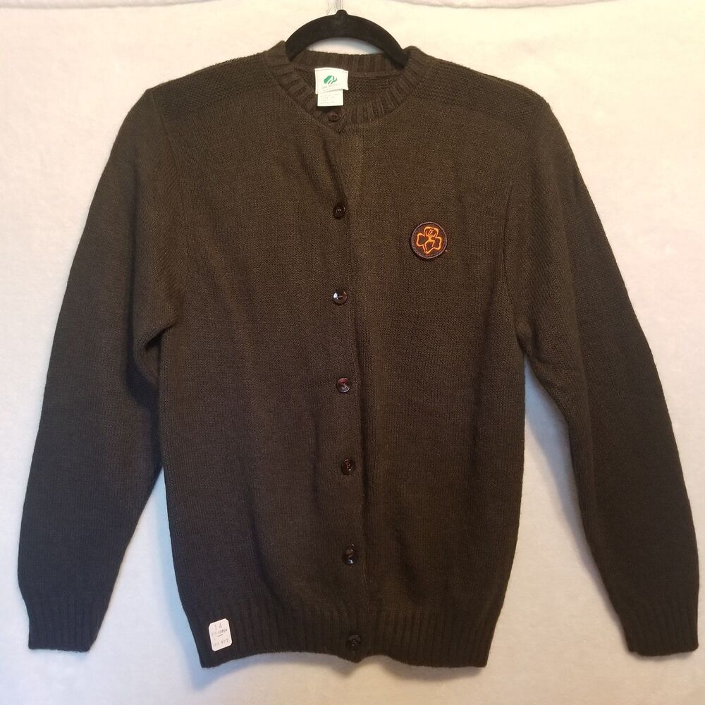 Girl Scouts Y14 Cardigan Sweater Brownie Brown Button Front Crew Neck Vtg NEW